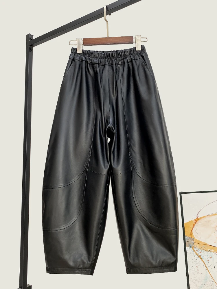 Inverno novo solto de alta qualidade genuíno calças de couro real cintura feminina moda all-match pele de carneiro tornozelo comprimento