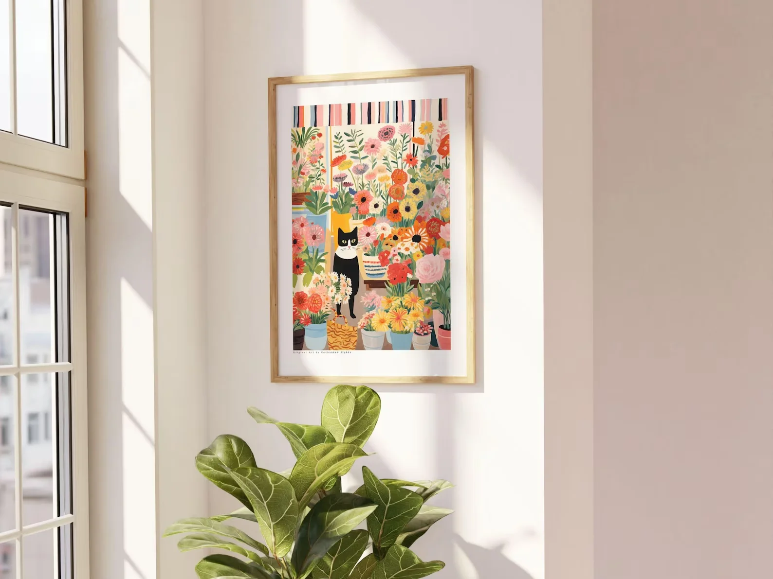 Poster Kucing Hitam Putih dengan Bunga - Gambar Seni Kucing Ilustrasi Kucing Dekorasi Dinding Bunga Hadiah Ideal untuk Pecinta Kucing