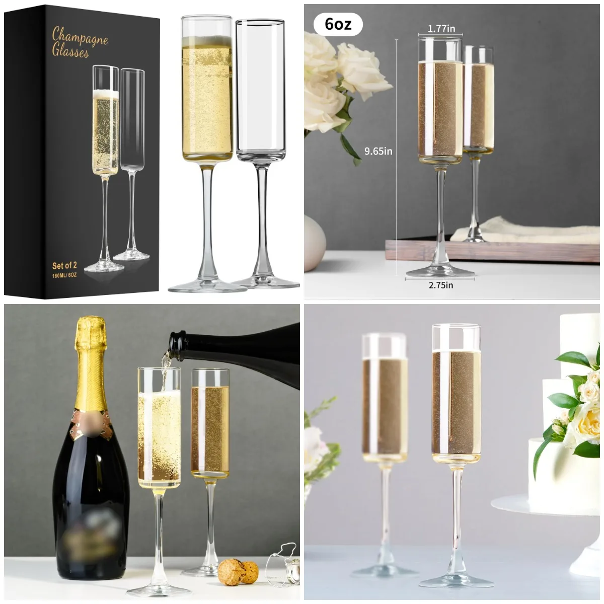 

Champagne Flutes Set of 2, 6oz Elegant Clear Glasses for Wedding, Birthday, Christmas Gift