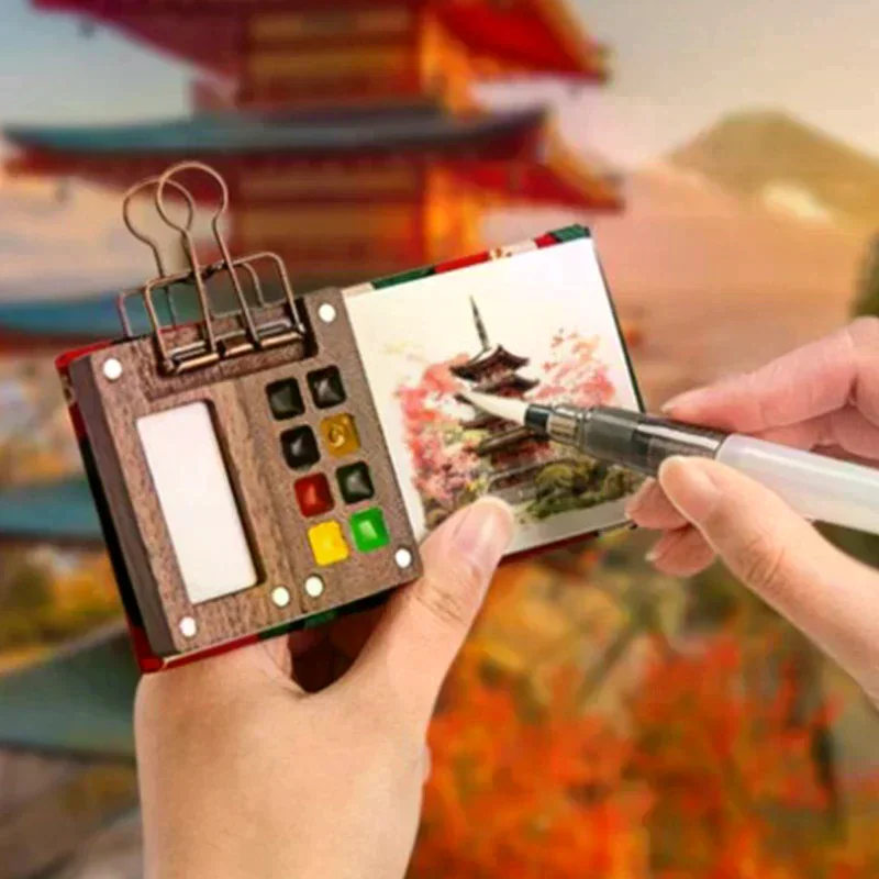 

Mini Walnut Wood Watercolor Palette Portable Paint Box With Clip Travel Painting Paint Tray Art Supplies Sketchbook Palette