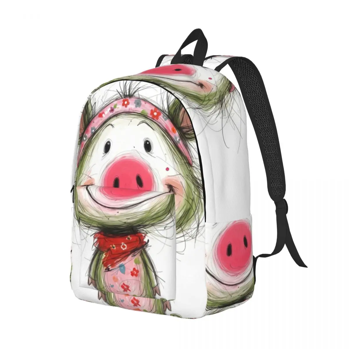 University Student Backpack Center Green Pig Whimsical Hand Drawn White Green Red Large Capacity Laptop Bookbag for Campus Girls