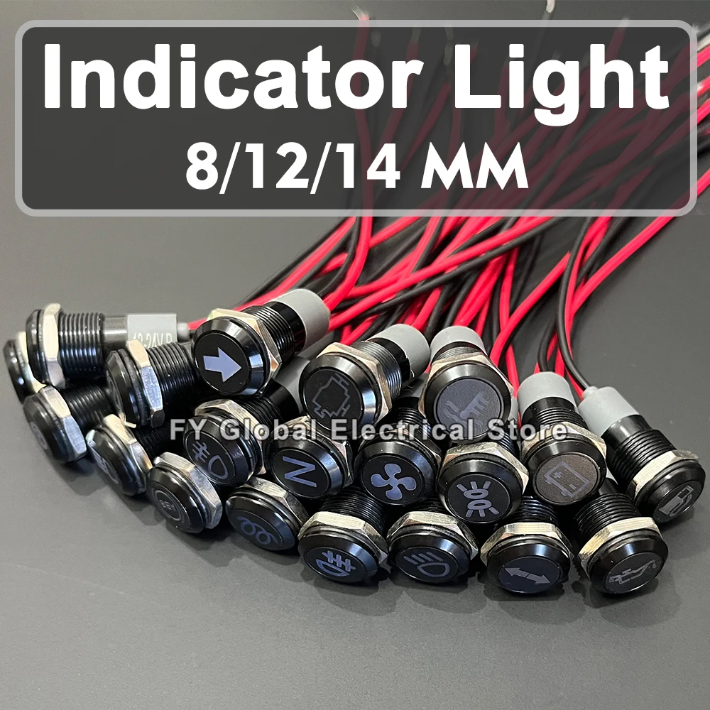 

8/12/14MM Metal Indicator Light with Wire Car Pilot Lights Arrow Symbols Lamp Boat Warning Dashboard Turn Signal Customized 12V