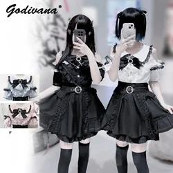 Japanese Mine Series Sweet Off-the-shoulder Short-sleeved Lace Shirt Top and Culottes 2 Piece Girls Lolita Skirt Set Outfits