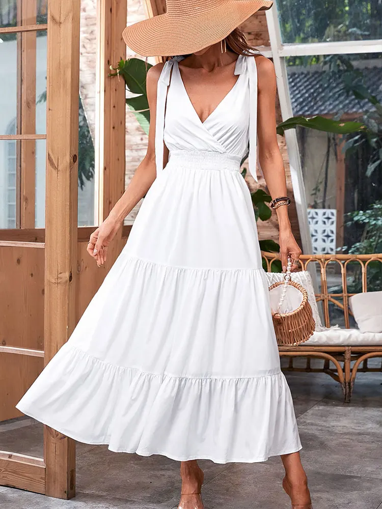 Maxivestidos para mujer, ropa de calle, vestidos nuevos de moda, ropa de estilo playero, vestido ajustado informal sin espalda con cuello en V sexi elegante para mujer