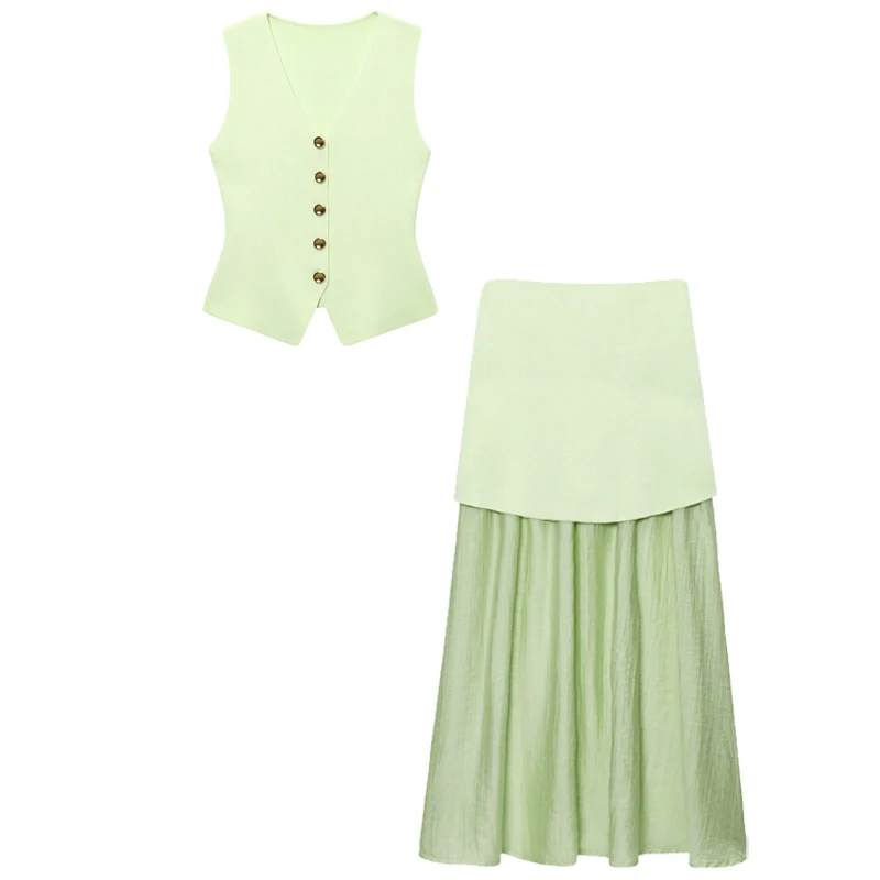 Hxao conjunto de saia verde feminino, duas peças, malha colheita, sem mangas, botão, top, colete, plissado, cintura alta, roupas de férias