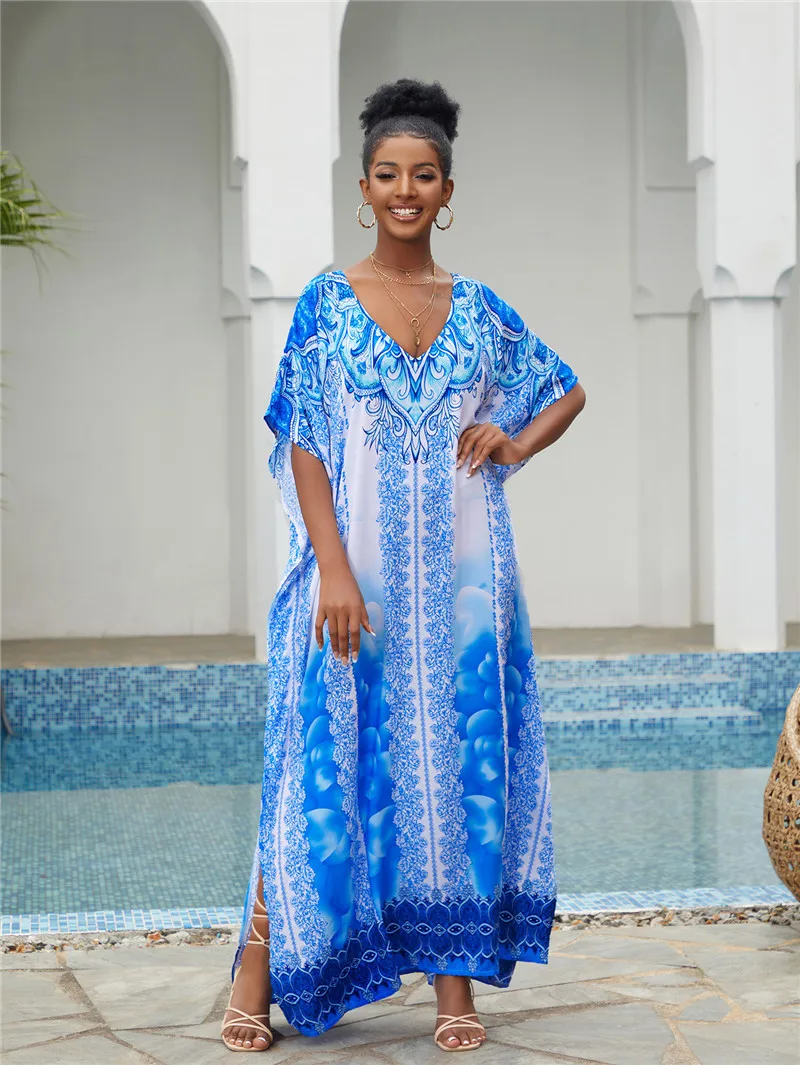 Robe de plage style caftan bleu pour femmes, tunique en coton, col en V, cochon size, cover-up pour bikini, Industries ong, été