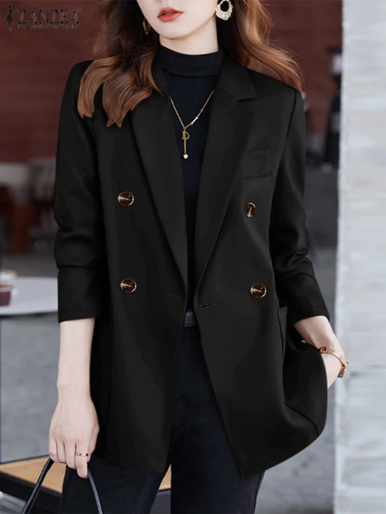 ZANZEA Casual Double-Breasted Thin Jackets 2025 Spring Solid Long Sleeve Office Lady Blazer Commute Women Lapel Neck Blazer