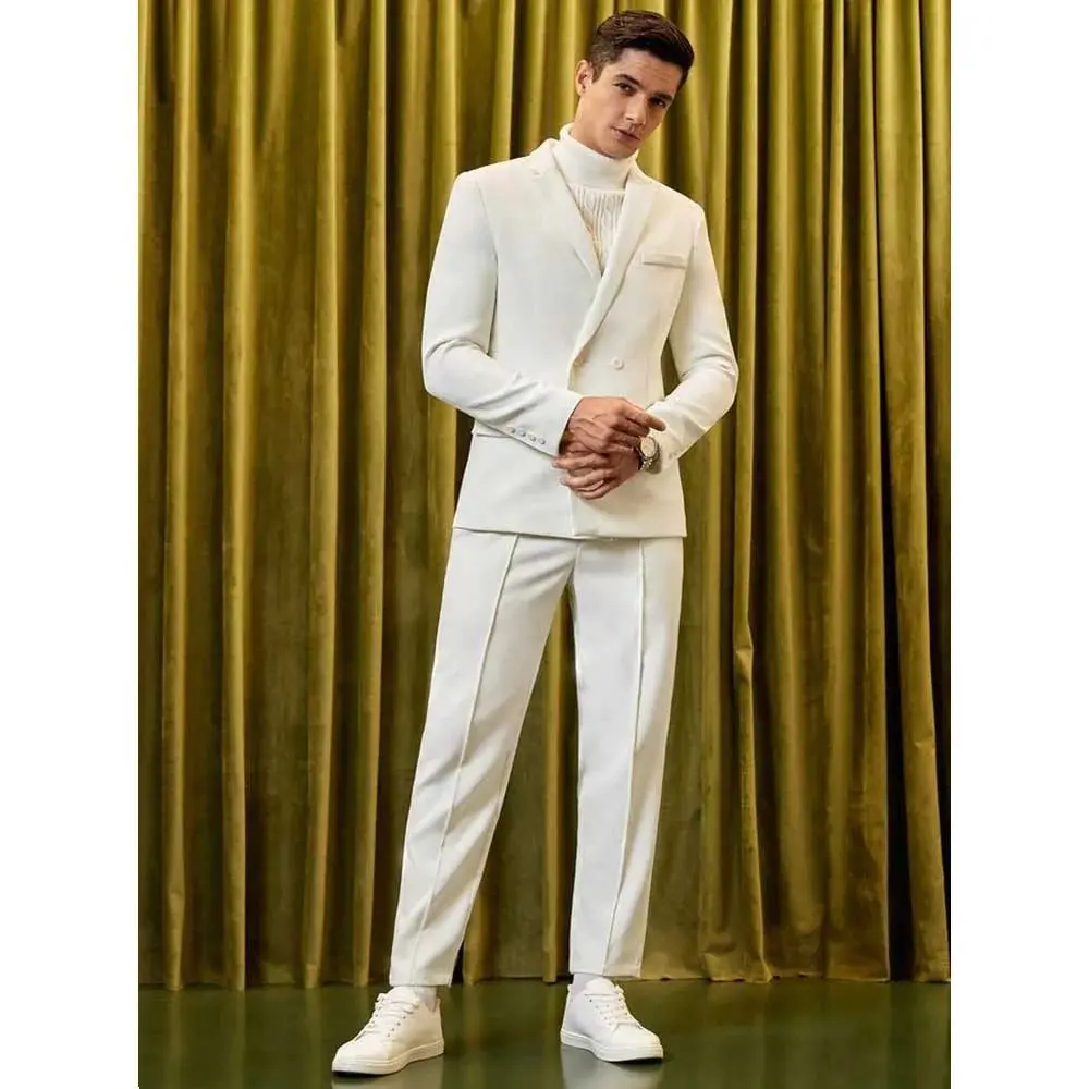 

Handsome Autumn White Suits for Men Double Breasted Notch Lapel 2 Piece Jacket Pants Male Clothing Business Wedding Groom's Sets