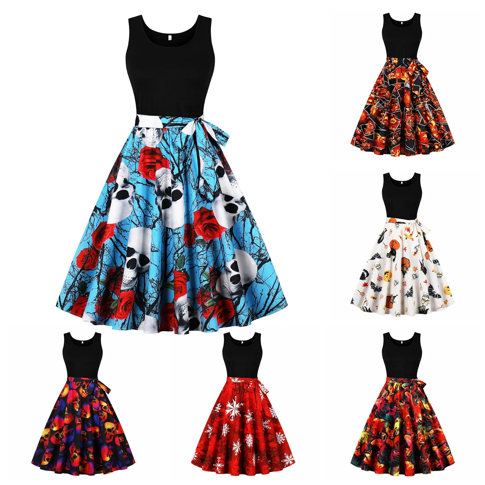 Halloween Dresses For Women Vintage Gothic Pumpkin Printed Strapless Princess Long Dresses Slim Belt Waisted Cocktail Maxi Dress