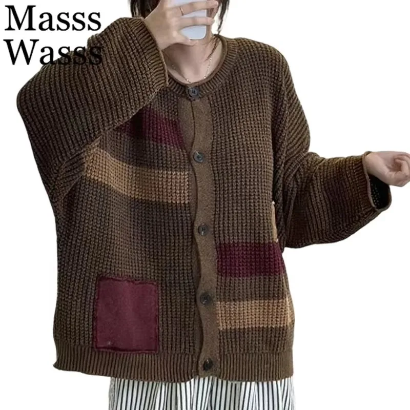 

Masss Wasss Brand Autumn Fashion Knitwear Womens Casual Oversized Cardigans Ladies Vintage Solid Classic Loose O Neck Sweaters