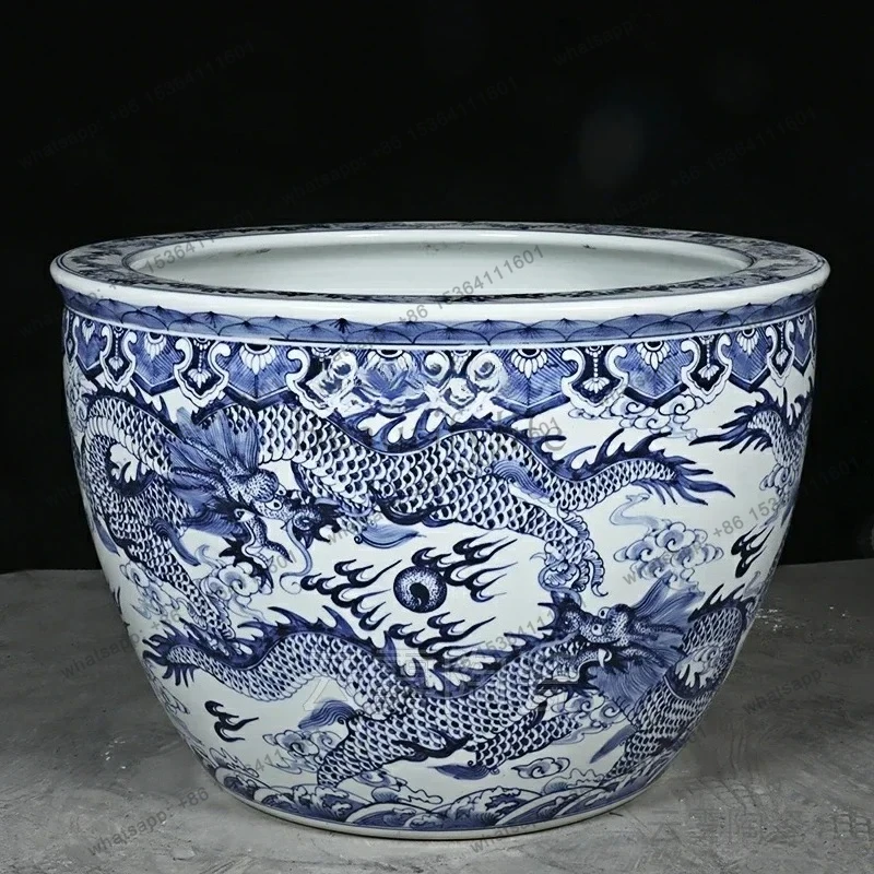 X4  Ceramic Fish Tank Hand Painted Blue and White Dragon Pattern Ancient Style Extra Large Sleeping Lotus Lotus General Offic