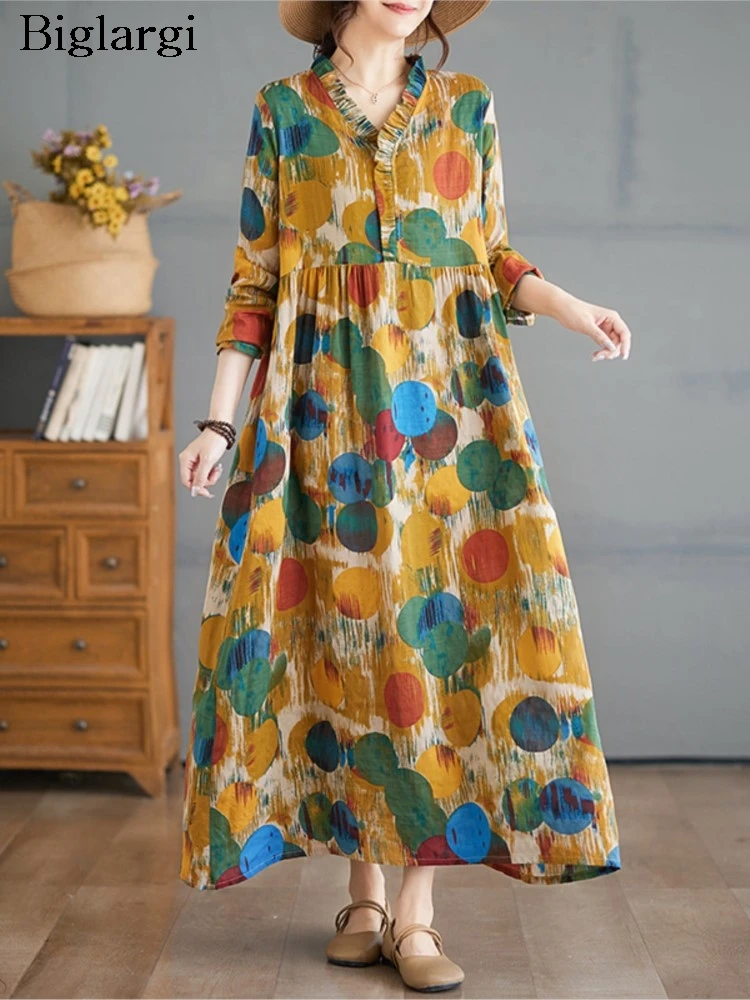 เดรสผ้าฝ้ายลายจุดแฟชั่นลำลองสำหรับผู้หญิง ไซส์ใหญ่ สไตล์ฤดูใบไม้ผลิ/ฤดูร้อน ทรงหลวม จับจีบ แขนยาว