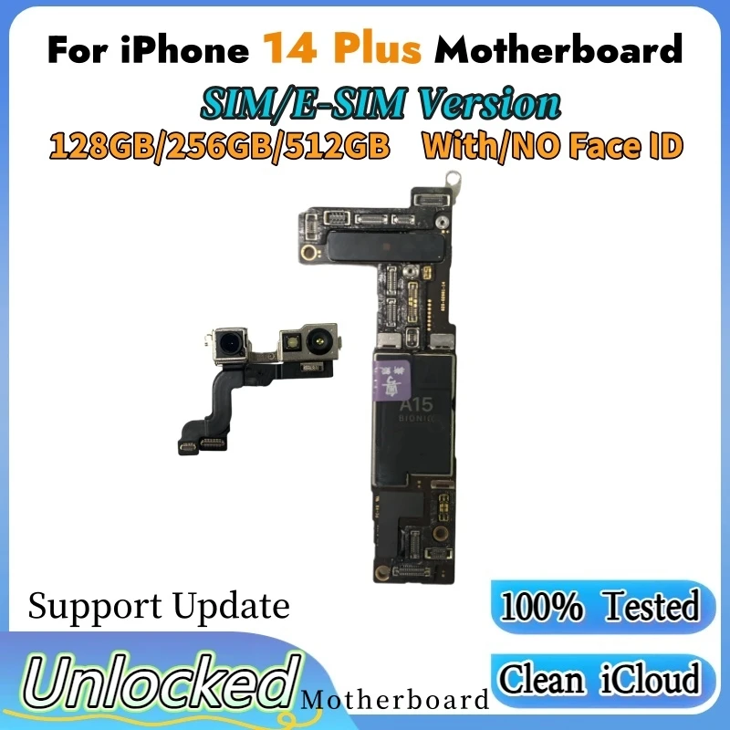 Placa Base Completamente Funcional para iPhone 14 Plus, iCloud Limpio, Desbloqueada, con/sin Face ID, Versión E-SIM/SIM