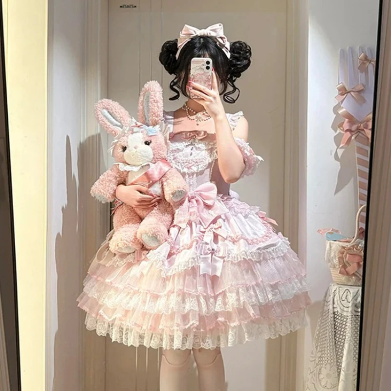 スイートロリータスタイル ピンクプリンセスドレス JSK レディース 2025 夏新作 ガールズ ウーマン エレガント レース 誕生日ドレス フラワー ウェディングドレス