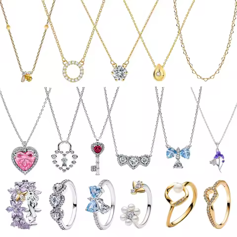 Original 925 Silver Love Key Butterfly Pendant Necklace Luxury Bow Flower Pearl Elegant Ring Jewelry Set Valentine's Day Gift