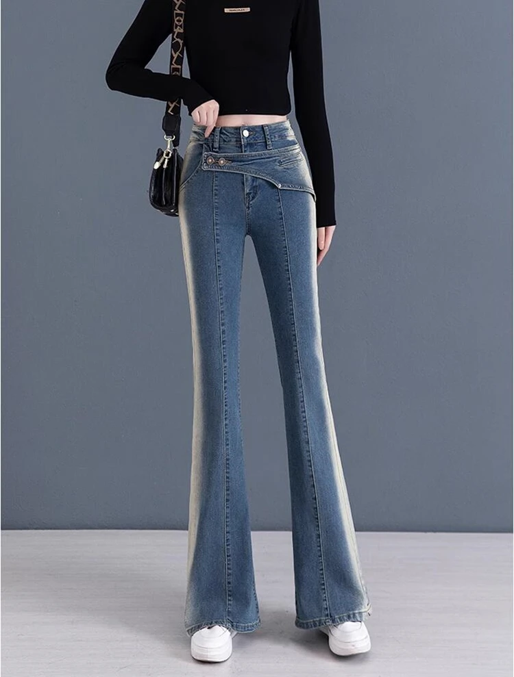 

new autumn winter office lady fashion casual cotton plus size high waist brand female women girls do old stretch flare jeans