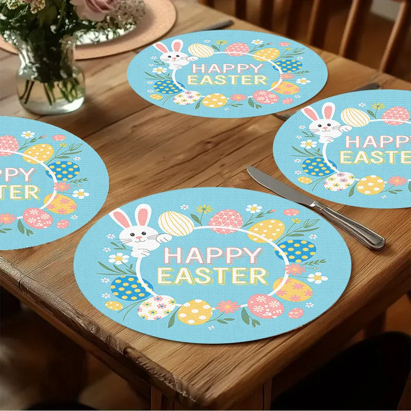 Paquete de 4 manteles individuales de conejito de Pascua y huevos, manteles individuales grandes de 15 pulgadas, antideslizantes, resistentes al calor para brunch de Pascua, mesa de primavera