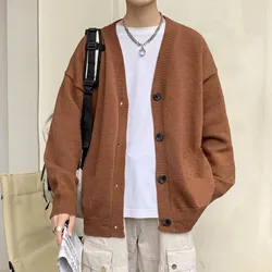 Autumn Winter Men Casual V-Neck Cardigan Sweaters Solid Color Long Sleeve Outerwear Single-breasted Male Loose Knitted Coats