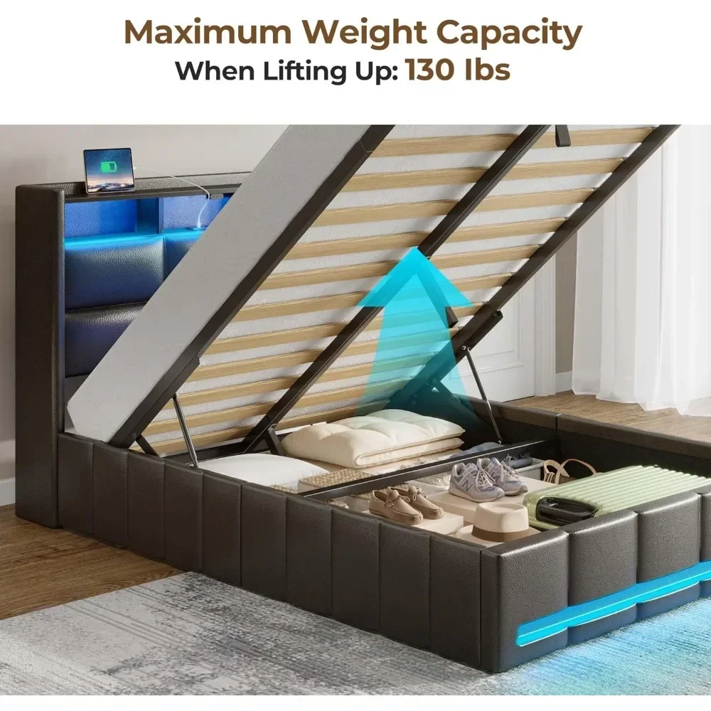 Bed Frame with Lift Up Storage, Charging Station & LED Lights, Upholstered Storage Headboard, Heavy Duty Wooden Slats