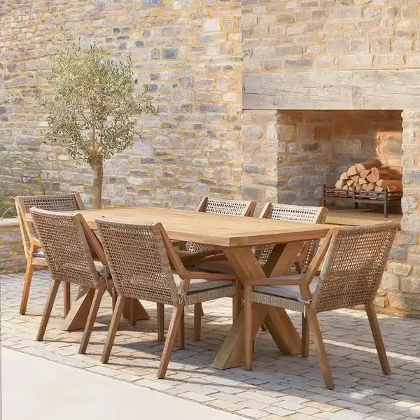 Solid Wood Rattan Coffee Table Dining Table Set For Living Room Restaurant Hotel Villa Or Apartment Courtyard Outdoor Use