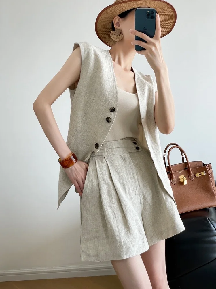 

Cotton Linen Sleeveless Vest Outerwear Women's Buckle Waist Slimming Summer Thin Elastic Waist Wide Leg Short Pants Set