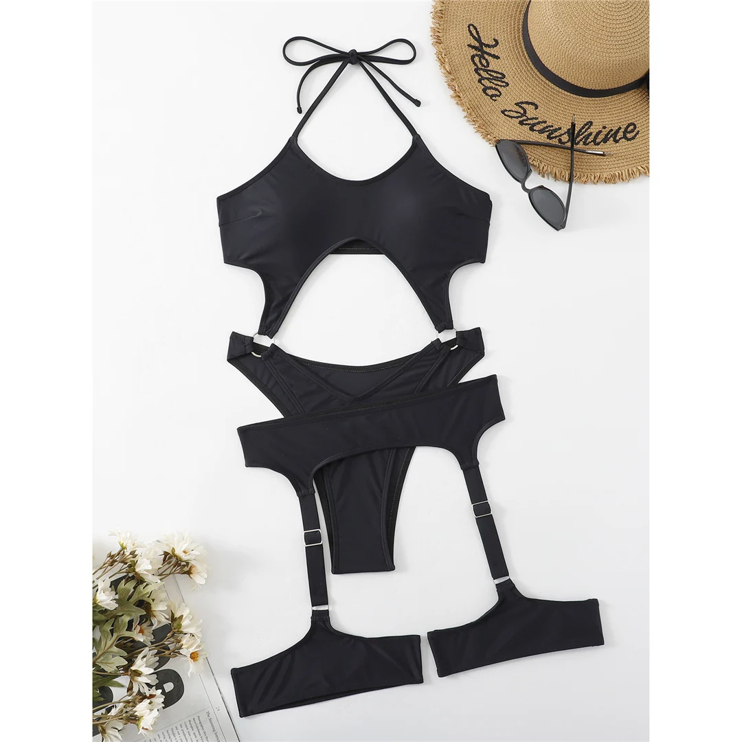 Sexy One-Piece-Badeanzug mit Bauchausschnitt, Neckholder und Strumpfhalter, Damen-Badebekleidung, High-Leg-Cut, Badeanzug für Damen, V4415 – Detail 14