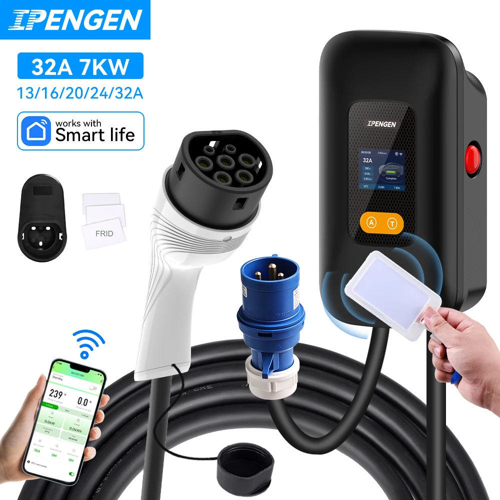 

IPENGEN 32A Зарядная станция для электромобилей CEE 7 кВт 1-фазное автомобильное зарядное устройство Type2 IEC62196-2 EVSE Wallbox APP Control Кабель 5 м