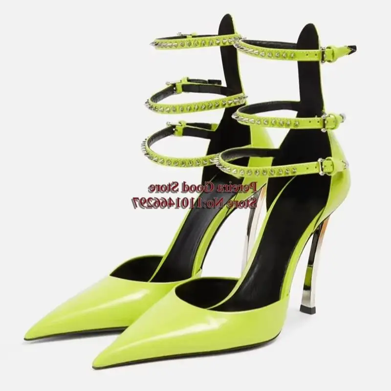 

Multiple Rivets Straps High Heels Women Pumps Pink Black Green Patent Leather Pointed Toe Hollow Thin Heels Evening Banquet Shoe