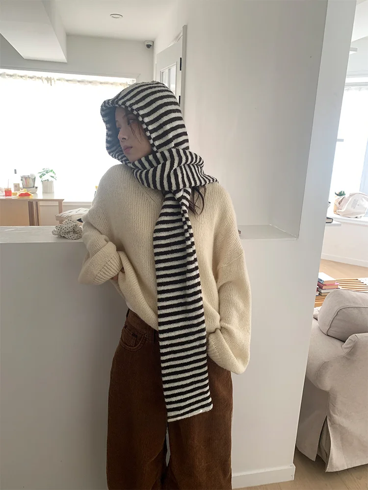 따뜻한 스트라이프 모자 스카프 일체형 넥 워머 여성용 자전거 타기 겨울 패션 한국 스타일 방풍 스카프 모자 콤보