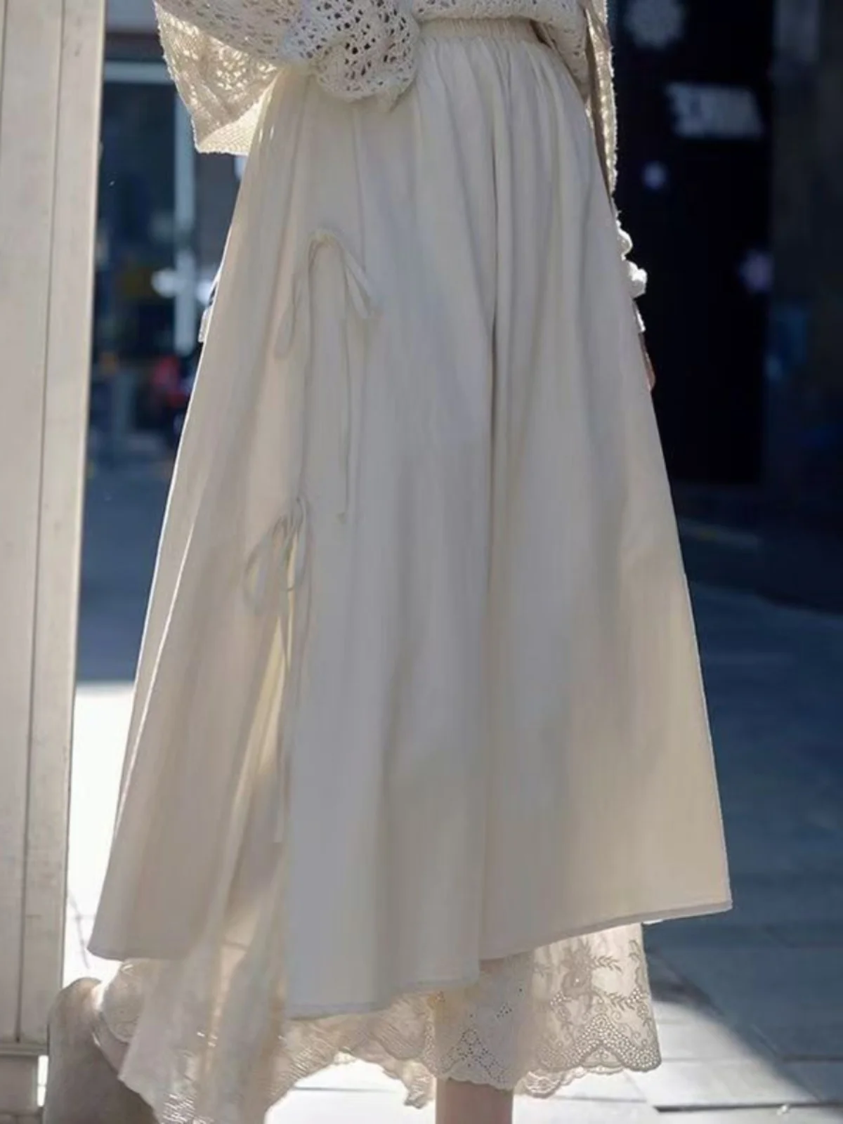 

plus Size High Waist A-Line Skirt with Lace Trim And Color Blo Design Long Casual Sle Pure Color f-length Women's Skirt