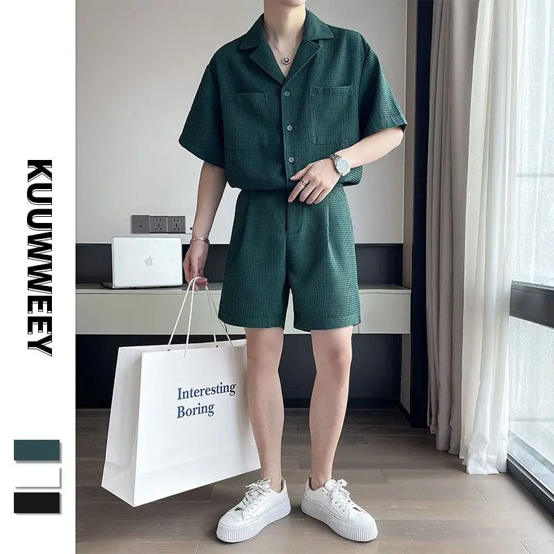 Spring Summer Fashion Short Sleeve Popularity Men's Clothing Korean Style Casual All Match Loose Rope Hombre Solid Sport Sets