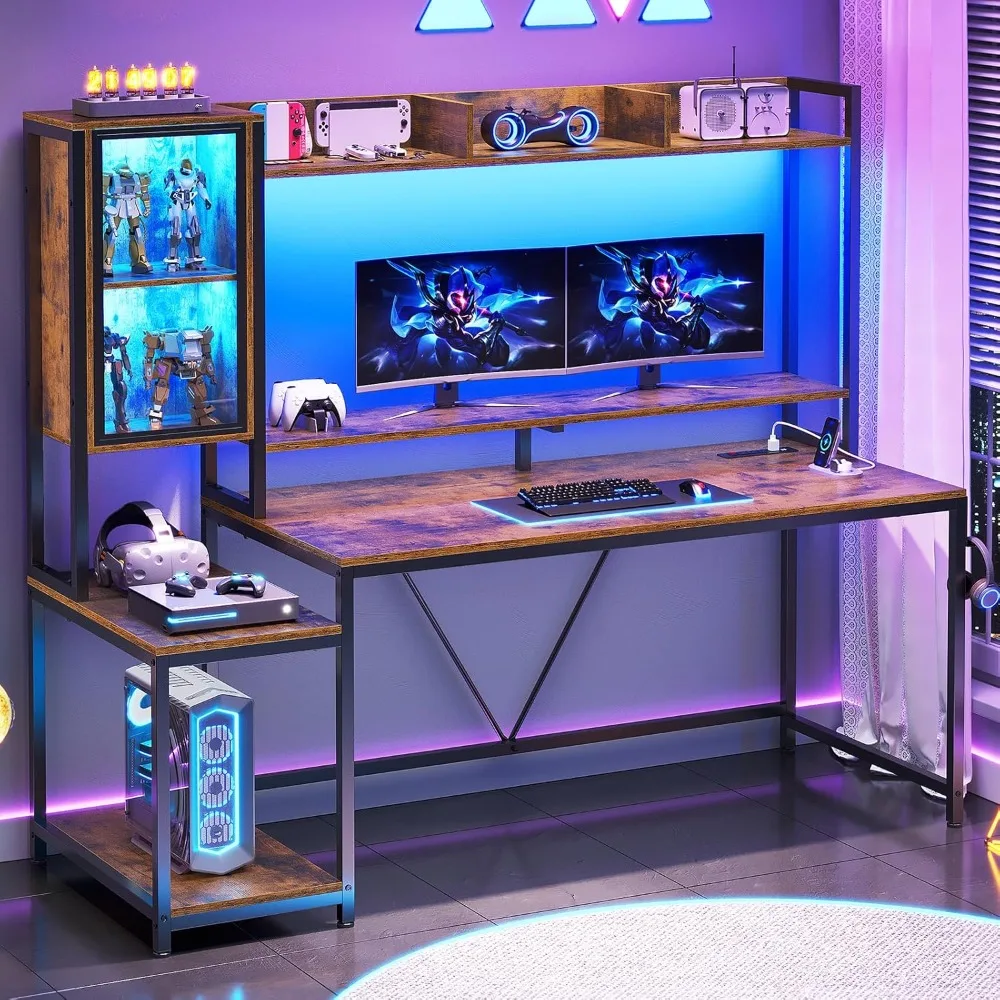 Gaming Desk with Hutch and LED Lights, Computer Desk with Storage Shelves, Large PC Gamer Desk with Display Cabinet