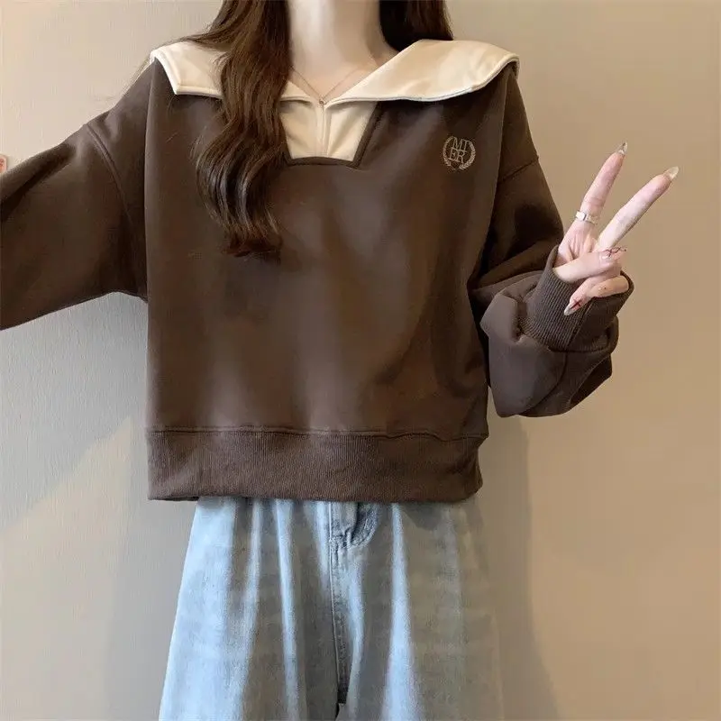 เสื้อสเวตเชิ้ตแขนยาวคอปกตุ๊กตาตัดสี ไซส์ใหญ่ สไตล์หลวม ปิดบังหุ่น สำหรับผู้หญิง ฤดูใบไม้ผลิและฤดูใบไม้ร่วง รุ่นใหม่