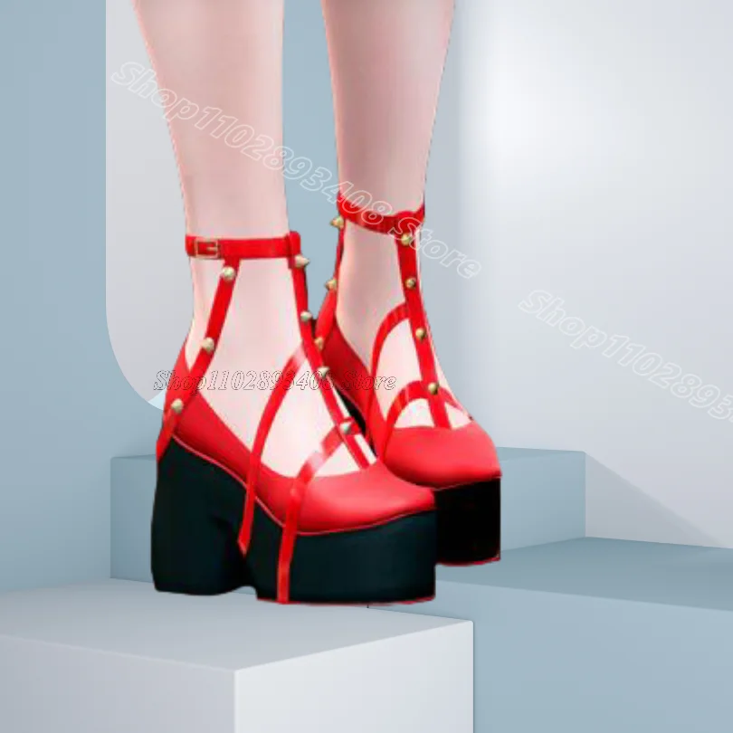 

Red Wedges Heels Rivet Decor Pumps Platform Ankle Buckle Fashion Punk Style Women Casual Personality Pumps Zapatos Para Mujere