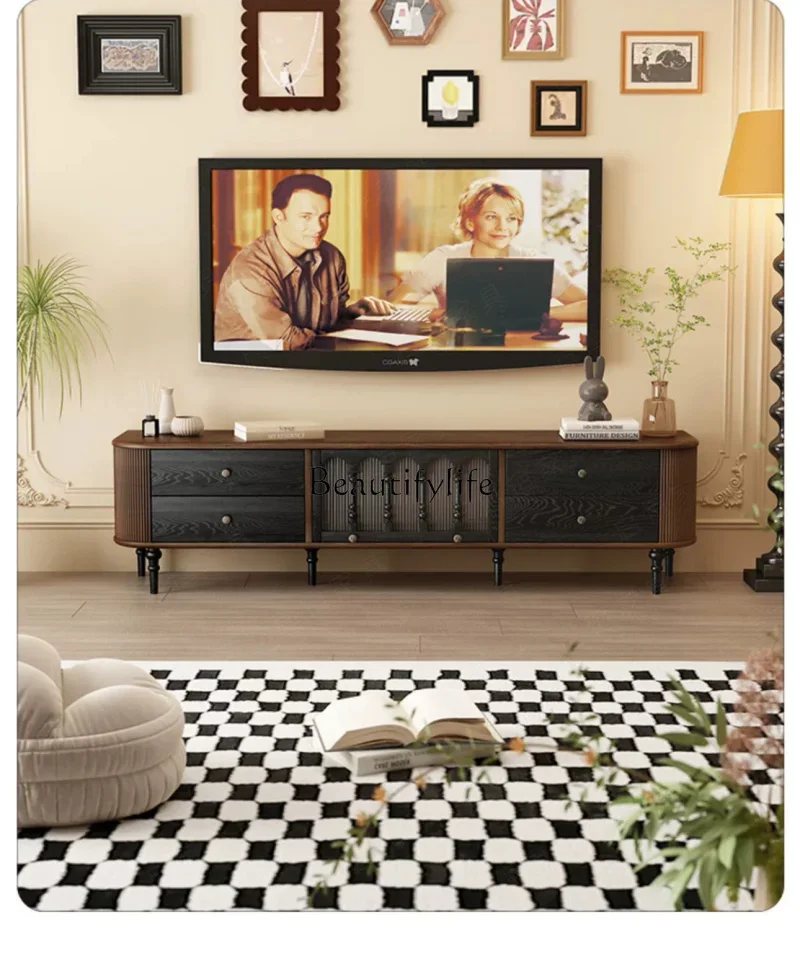 

yj32 French retro solid wood TV cabinet medium and antique small apartment living room storage floor cabinet