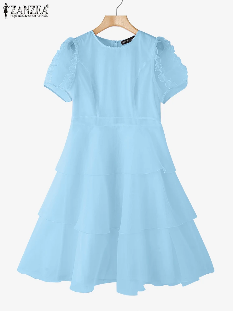 

ZANZEA Summer Chiffon Ruffled Dress Women Short Puff Sleeve Midi Sundress 2025 Elegant Solid Color Casual Vestidos Party Robe