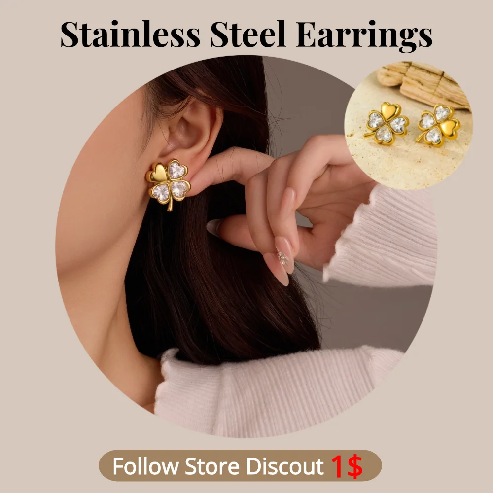 Stainless Steel Earrings Lucky Four Leaves Plated 18K Gold Color Non Tarnish Waterproof Trendy Jewelry Earrings For Women Gift