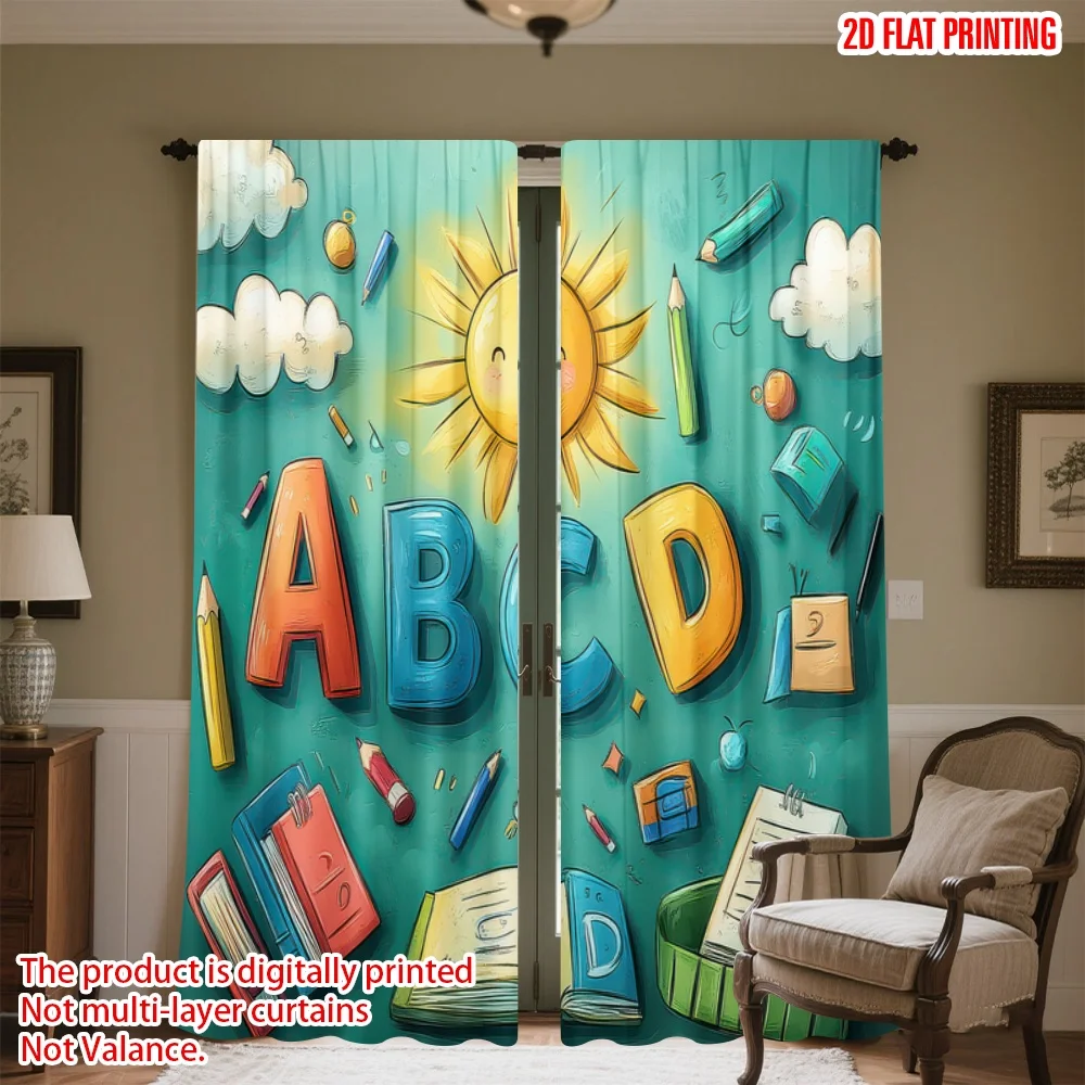 

2D flat printing 2pcs Window Treatment Curtains Back to School Fun Digital Printed Polyester Drapes Seasonal Party & Holiday