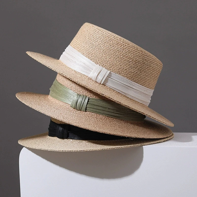 Light Luxury Natural Raffia Flat Top Linen Strap Straw Hat for Women Summer Sun Protection Vacation Shading Straw Caps