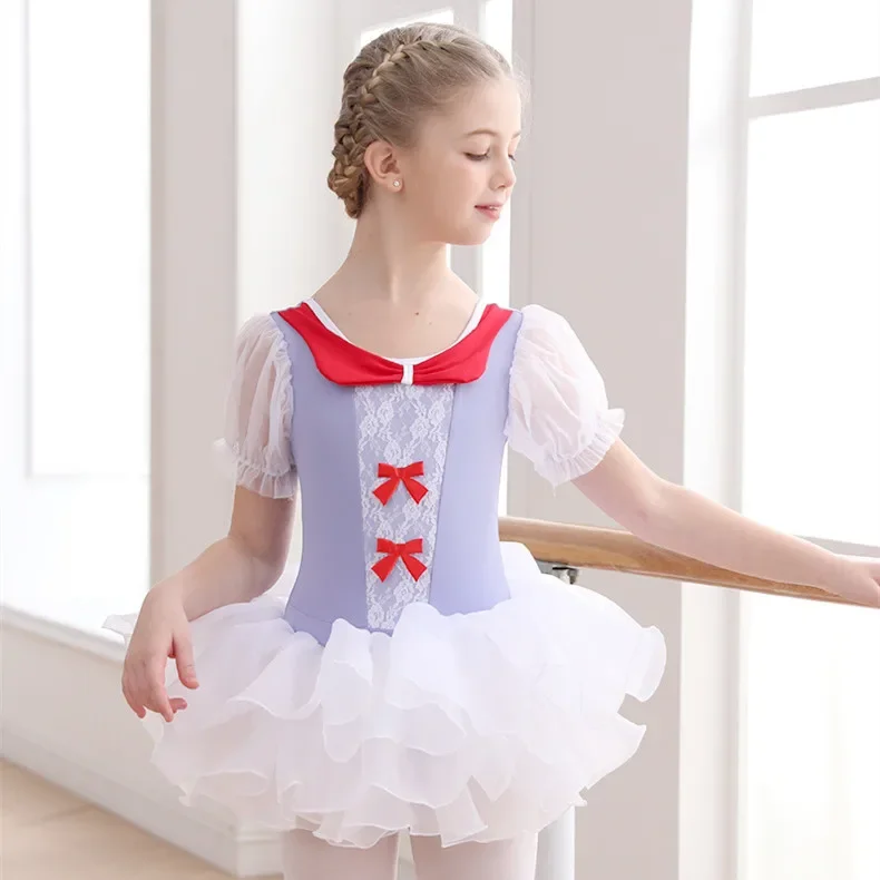 Princess Ballet Dance Tutu Dress Kids Child Puff Sleeves Tulle Bowknot Professional Stage Leotard Birthday Party Skate Ballerina