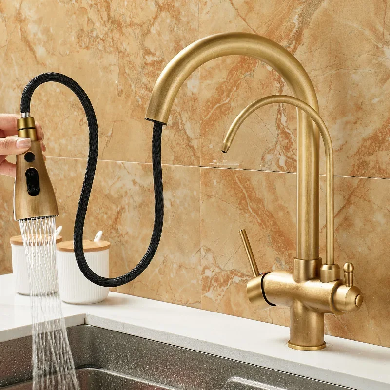 Solid Brass Three-in-One Pure Antique-Style Kitchen Faucet with Pull-Out Spout for Sink Basins Three-Mode Kitchen Tap