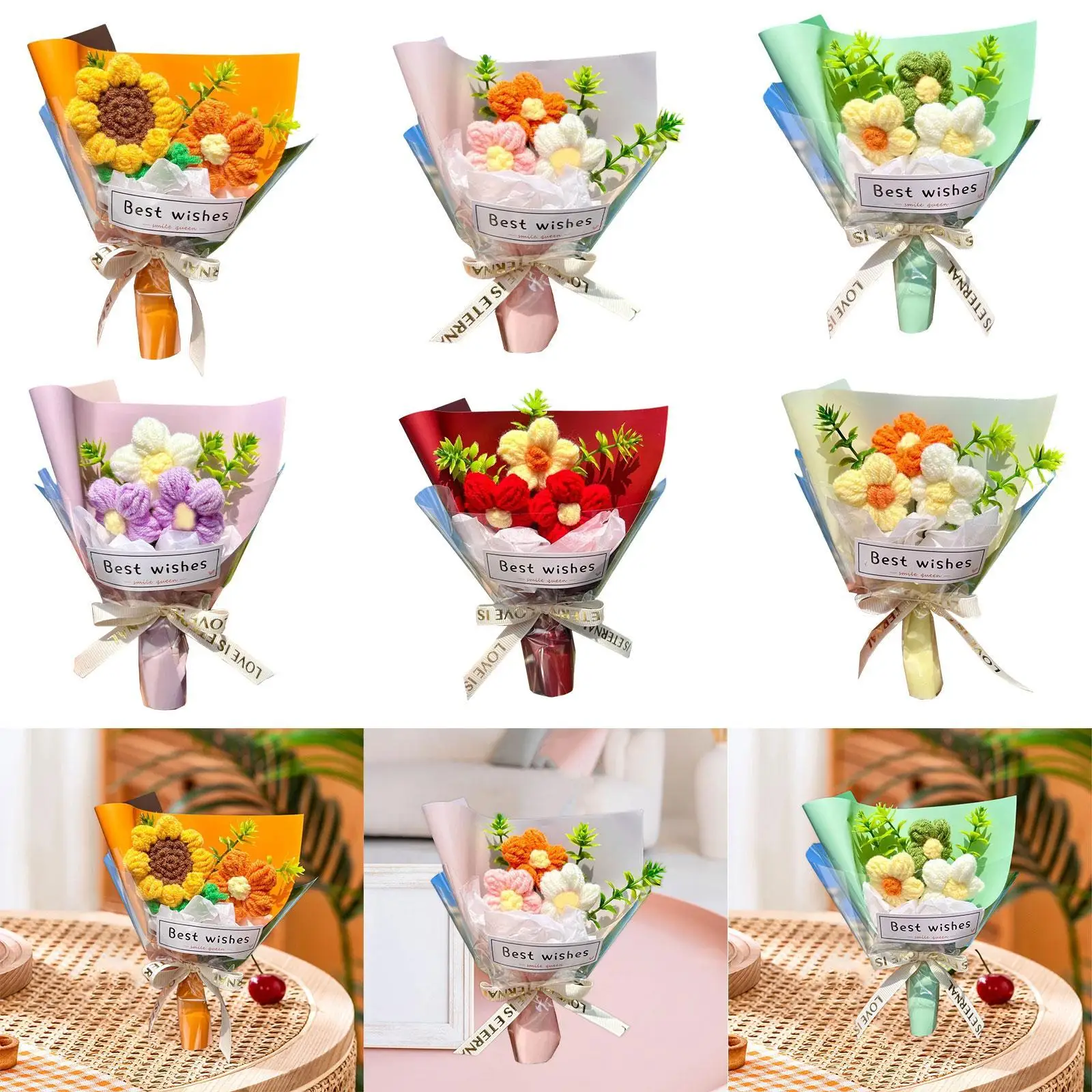Knitted Artificial Flowers Crochet Flowers Decoration Ornament Artificial Artwork for Wedding Valentines Day Thanksgiving Day