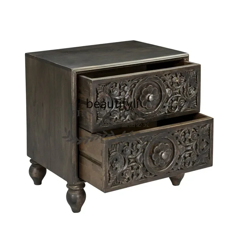 Retro hand-carved bedside table American solid wood drawer old chest cabinet locker