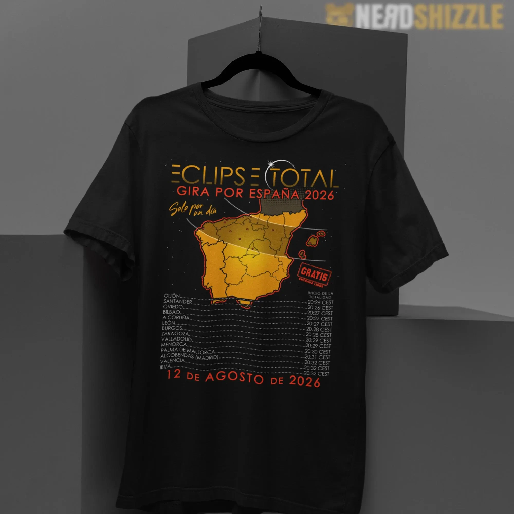 2026 Spain Total Solar Eclipse Graphic Tshirt Eclipse Route Map Print Astronomy Lover Unisex Oversized Cotton Short Sleeve Tee