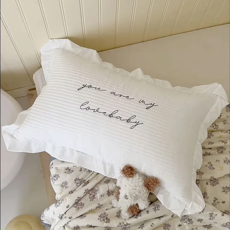 

Cute Embroidered Cotton Pillowcase Soft Lotus Edge Girl Style Envelope Cover for Bed Room Decor Sleeping Cushion Case Kawaii