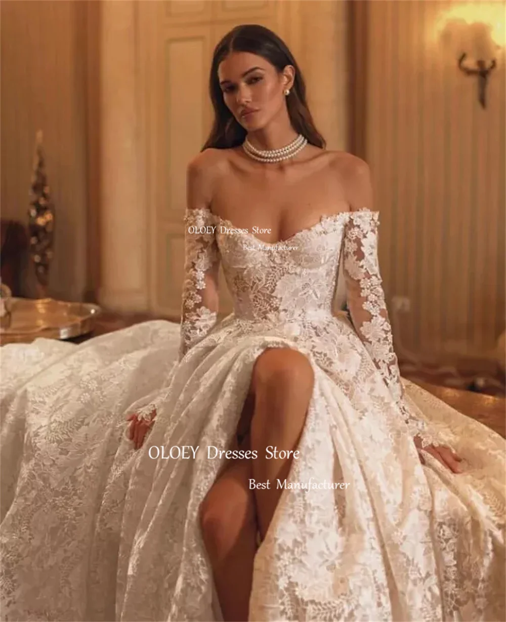 OLOEY-exquisito vestido de novia de encaje con escote Corazón, hombros descubiertos, manga larga, hasta el suelo, hecho a medida, con cremallera y botón en la espalda