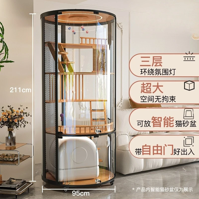 Round cat villa luxury large solid wood cat room, household cat cage
