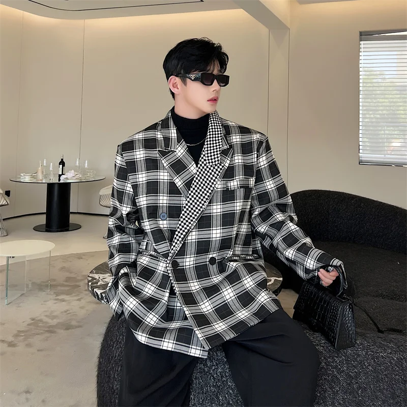 

Korean Sle Oversize Plaid Contrast Color Blo Men's Suiting Jaet Long Sve Casual Faion Autumn Wear Iron Free