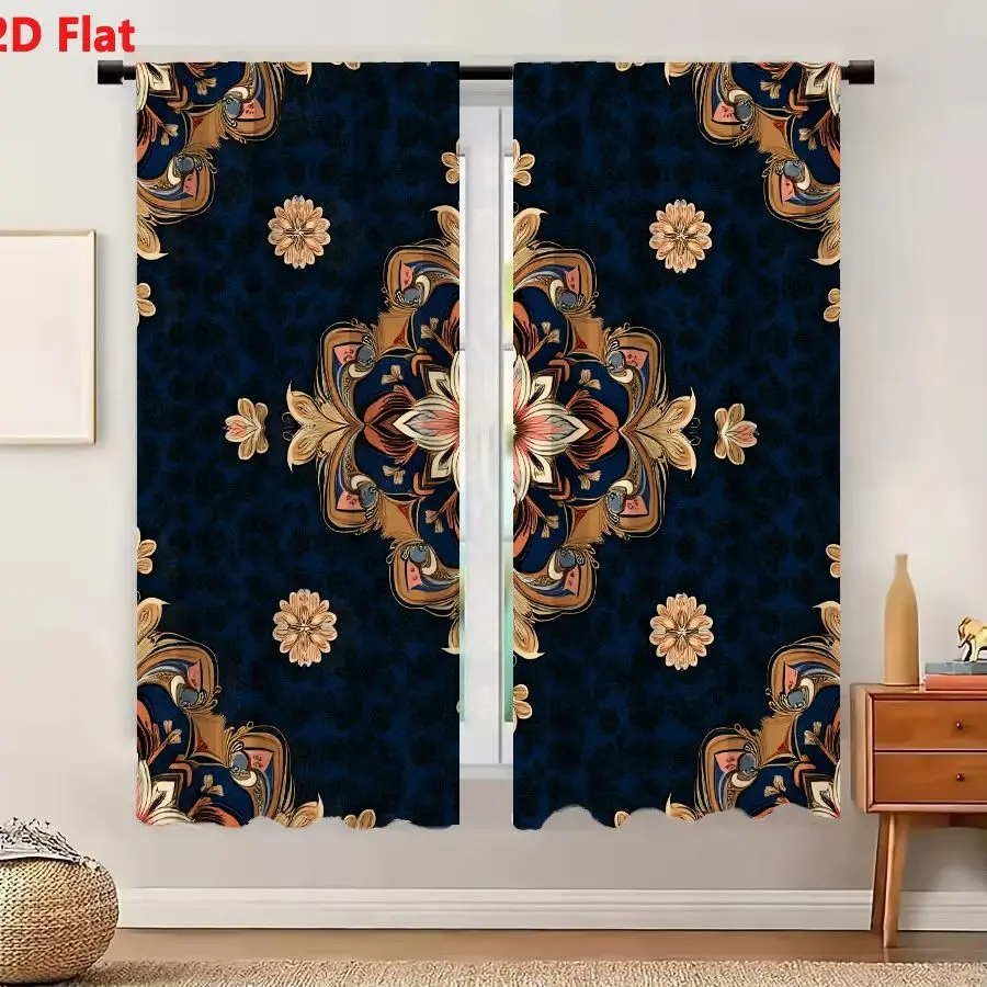 2Pcs Curtains Add 2D Flat Navy Blue Baroque Floral Mandala Pattern With Gold Beige And Pink Details On Dark Background Window Dr