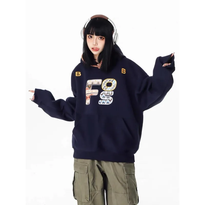 American Vintage Letter Embroidery Hoodie Autumn New Subculture Design Hoodie Women's High Street Hip Hop Loose Casual Clothing